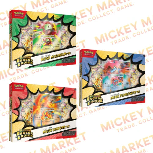 Mickey Market Ascesa Eroica Collezione Mega Emboar-ex Mega Feraligatr-ex Mega Meganium-ex Pokemon ITA Italiano